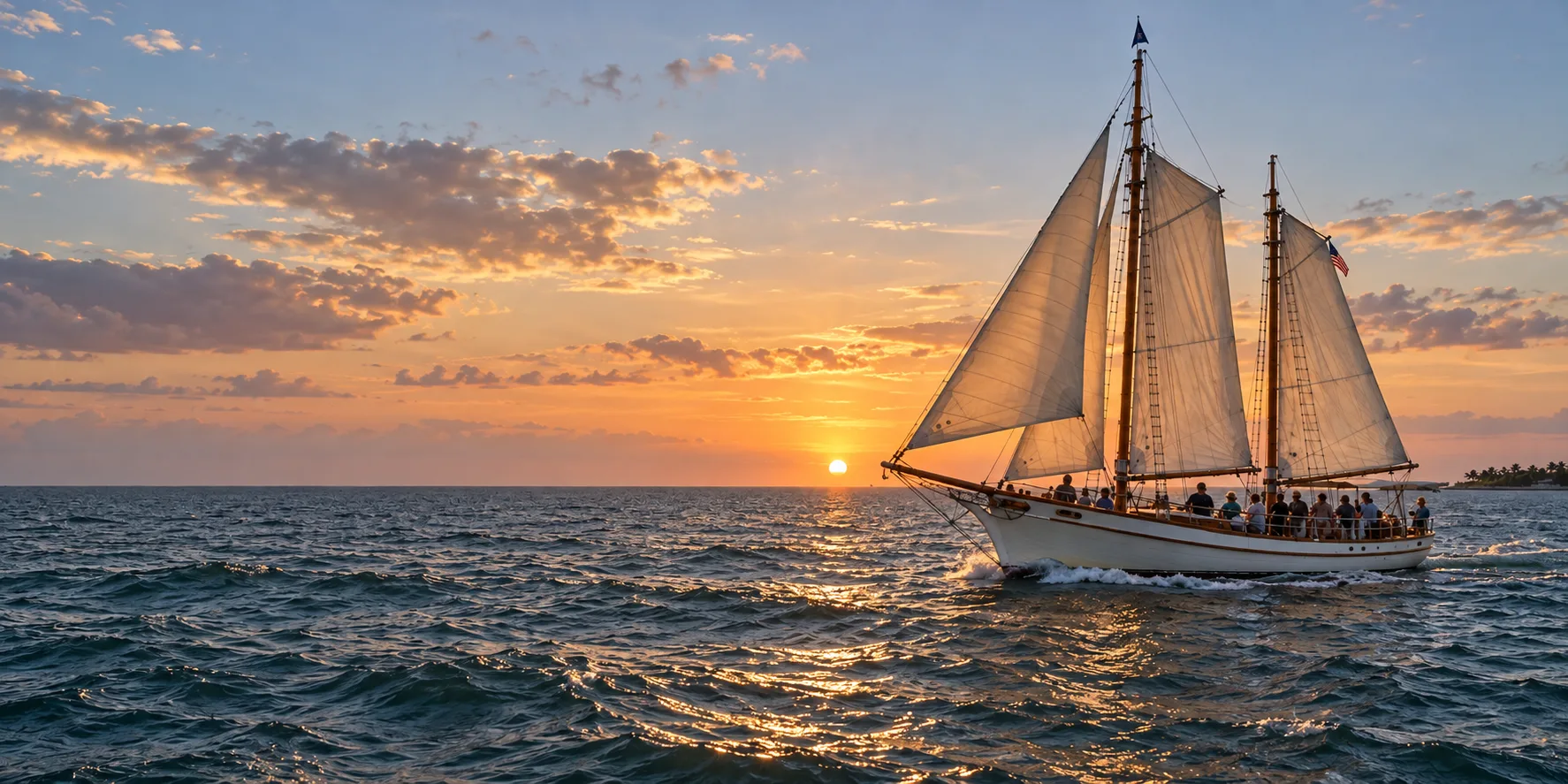 Two-masted schooner with passengers sailing toward the setting sun off Key West