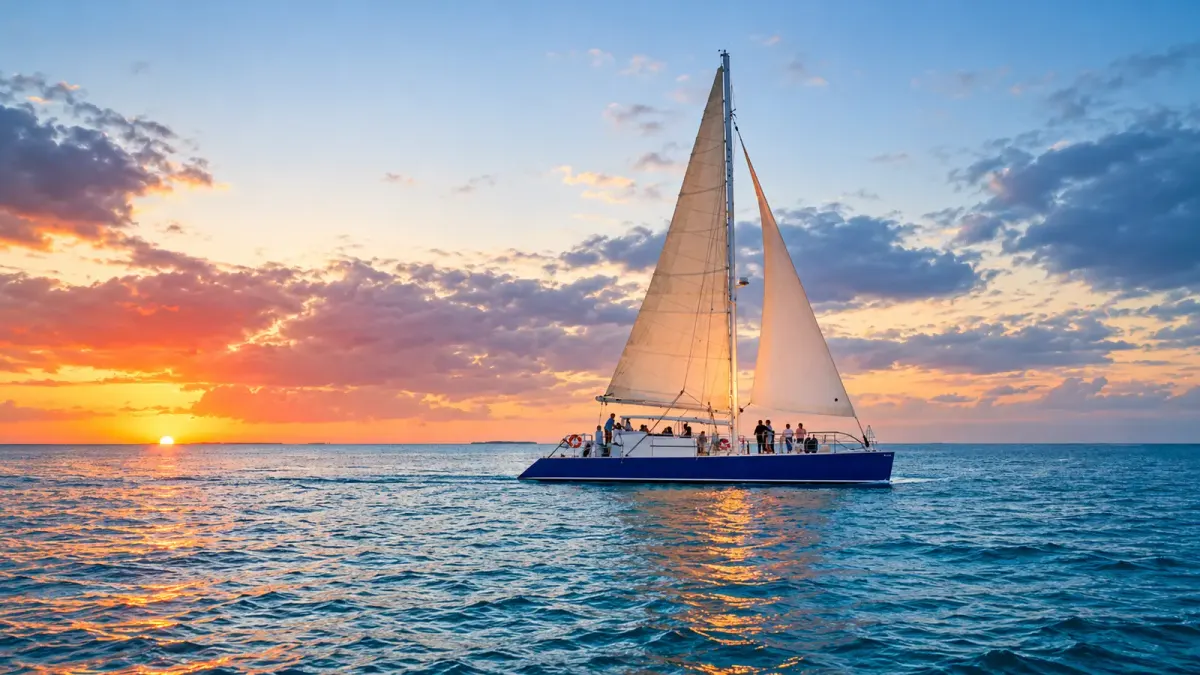 Sailing catamaran heading out under a colorful Key West sunset sky
