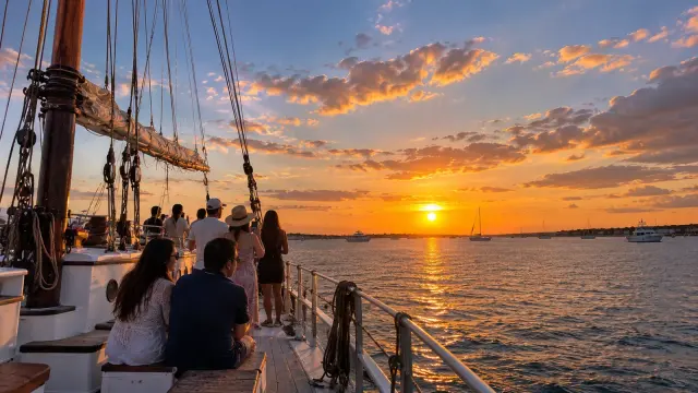 Guests at the rail of the schooner as the sun sets over the water