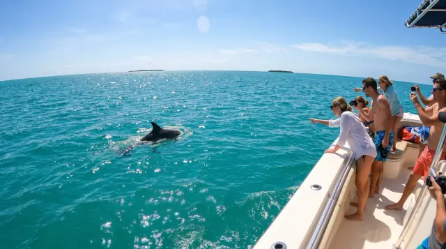 Dolphin surfacing beside the boat as guests point and watch