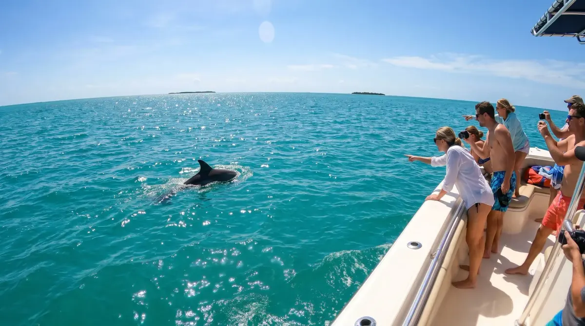 Dolphin surfacing beside the boat as guests point and watch