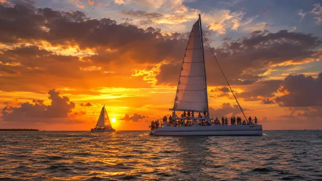 Sailing catamaran carrying guests into a fiery orange Key West sunset