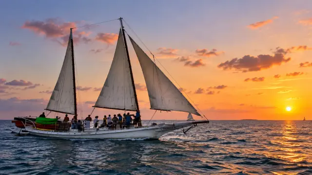 Classic two-masted schooner under sail in a pink and orange sunset off Key West