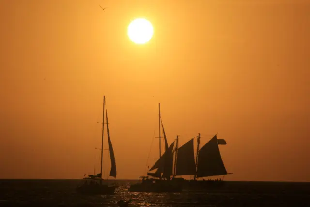 Sailboats and a schooner silhouetted under a low orange sun off Key West